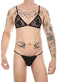 FEOYA Ensemble de Sous vêtements Homme Sissy Soutien Gorge Dentelle Transparent String Ensemble Lingerie T Back Thong Tanga Brassiere B1 S