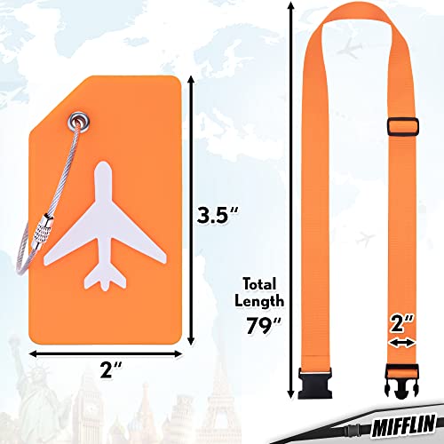 Luggage Straps W/ Name Tags (Orange, 6.6 Ft Long, 2 Inches Wide, 2 Pack), Adjustable Nylon Belt For Travel Suitcases & Bags By Mifflin-Usa #TOP4