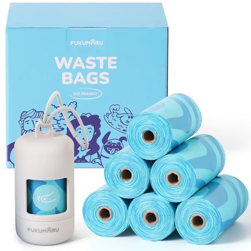 FUKUMARU Compostable Dog Poop Bags, ASTM D6400 Certified 120 Count - Light Ocean Scented, Leak-Proof & Easy-Twist Top with Blue Holder and Dispenser, Waste Bags for Dogs and Cats (8 Rolls)