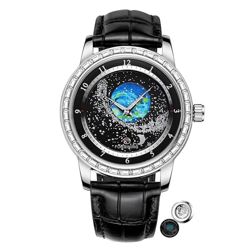 Image of FORSINING Watches for Men Rhinestone Inlay Rotational Starry Sky Moon Phase Mechanical Automatic Watch Waterproof for Business Leather Wristwatch