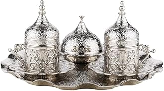 DEMMEX Turkish Greek Arabic Coffee Serving Set – 11 Piece Handmade Coffee Set with Cups, Saucers, Lids, Sugar Bowl & Decorative Tray (Silver)