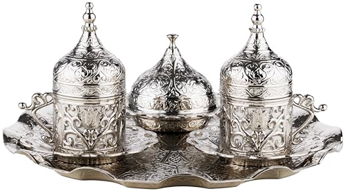 DEMMEX Turkish Greek Arabic Coffee Serving Set – 11 Piece Handmade Coffee Set with Cups, Saucers, Lids, Sugar Bowl & Decorative Tray (Silver)