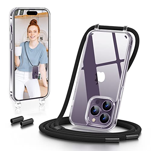 GOODVISH Łańcuszek na telefon komórkowy, kompatybilne z iPhone 14 Pro Max 6,7" – etui na szyję, z opaską, na telefon komórkowy do zawieszenia – przezroczyste etui ze sznurkiem – ochrona aparatu i ochrona ekranu, czarne