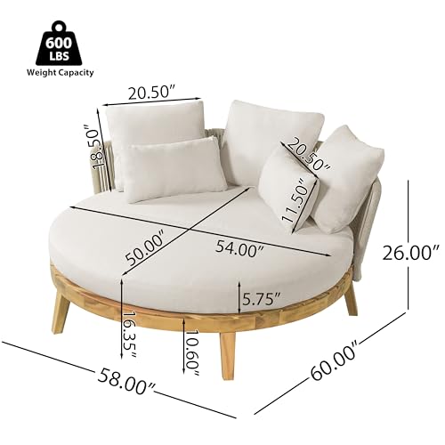 Merax Martin Outdoor Round Daybed, Acacia Wood Frame with Woven Rope Backrest, Teak Finish Wood+Beige Cushion, Patio Lounger by Merax - Image 2
