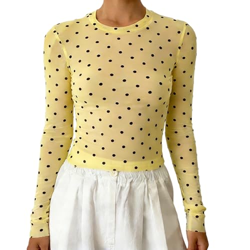 Seyumixi Women Sheer Polka Dot Top Long Sleeve Mesh See Through Tops Cute