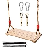 Wooden Swing Set, Children Wood Tree Swing Seat, Wooden Hanging Swing with 44-75in Adjustable Hemp...