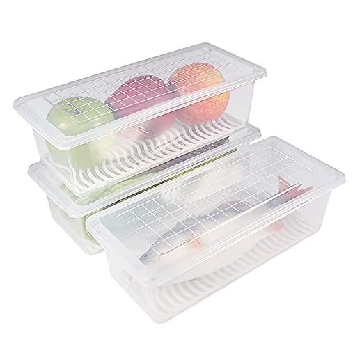 77L Recipiente de almacenamiento de alimentos de plástico, contenedores apilables con placa de drenaje extraíble con tapa, mantener fresco para almacenar peces, carne, verduras y más (Paquete de 3)