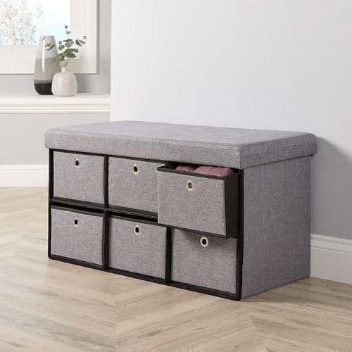 Home Source Folding Ottoman 6 Drawer Fabric Storage Chest, Grey, 76cm - Image 6