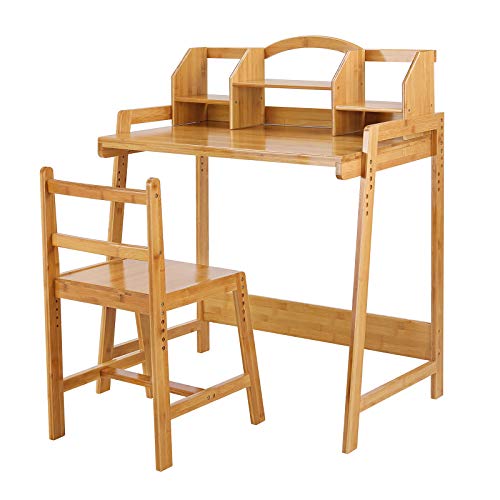 Clevich Kinder Schreibtisch Höhenverstellbar, Kinderschreibtisch mit Stuhl, Bambus Holz Schreibtisch mit Stauraum, Schülerschreibtisch mit Buchhalterung, Kinderschreibtisch für Kinderzimmer, Gelb