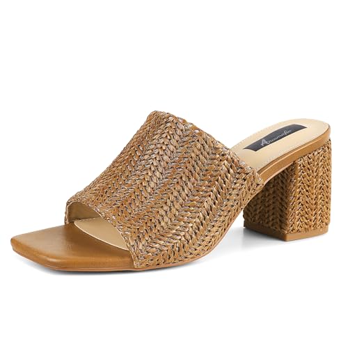 Ancomafio Women's Heeled Sandals Raffia Heels Square Open Toe Sandals Backless Mules Slip On Block Sandals Brown Size 7