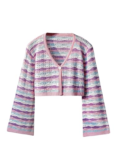 SweatyRocks Girl's Button Down Striped Crochet Crop Cardigan Hollow Out Long Sleeve Knit Cover Up