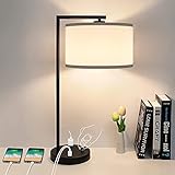 Table Lamp with 2 USB Ports and AC Outlet, Stepless Dimmable Bedside Lamp Modern Bedside Nightstand Lamp with White Shade Desk Reading Lamp Side Table Lamp for Living Room Bedroom, 8W Bulb Included