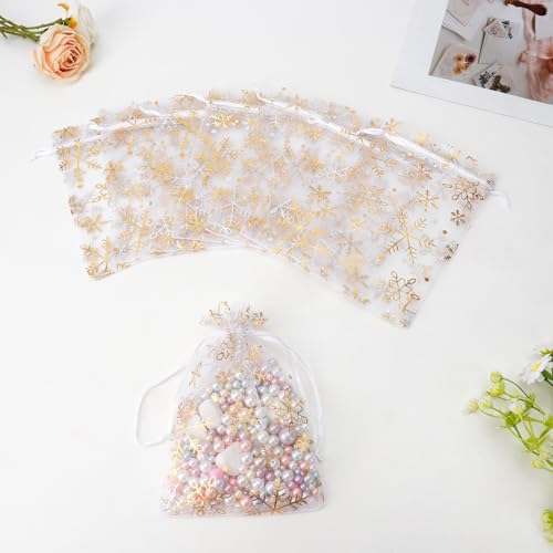 Image of Snowflake Organza Bags, 50 PCS Christmas Sheer Organza Bags with Drawstring 4 x 6 inch, Jewelry Gift Bag, Gold Small Mesh Goodies Xmas Wedding Favor Mini Candy Pouches Bag for Christmas Party Favors