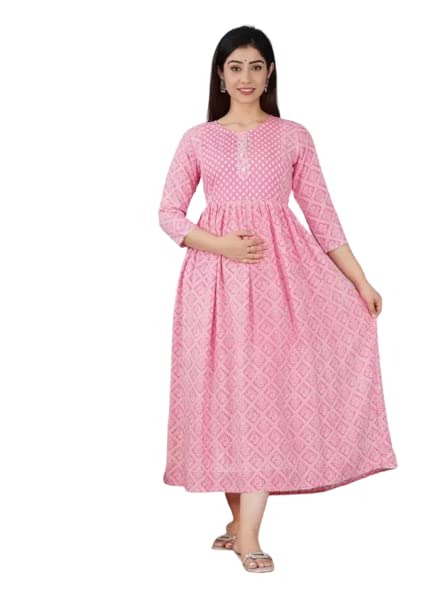 DLV WORLD WOMENS PINK BANDHEJ PRINTED RAYON MATERNITY AND FEEDING KURTI