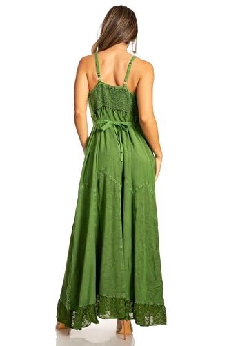 Image of Sakkas Stonewashed Rayon Embroidered Adjustable Spaghetti Straps Long Dress