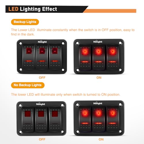 Image of Nilight - 90019C 3 Gang Aluminum Rocker Switch Panel Toggle Dash 5 Pin ON /Off Pre-Wired Rocker Switch Red Backlit Switch for Automotive Car Marine Boat RV,2 Years Warranty