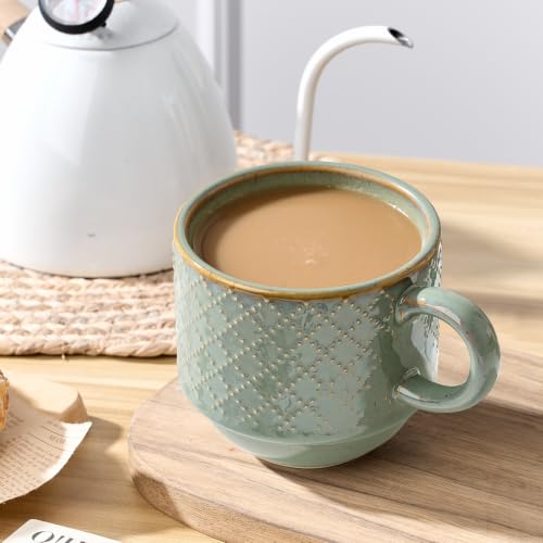JIEMEI HOME Large Ceramic Coffee Mug Set of 4 with Stand, 15 Oz Stackable Embossment Ribbed Latte Cup Set for Cappuccino, Latte, Tea, Hot Cocoa, Drinks - Dishwasher & Microwave Safe, Vintage Turquoise - Image 5