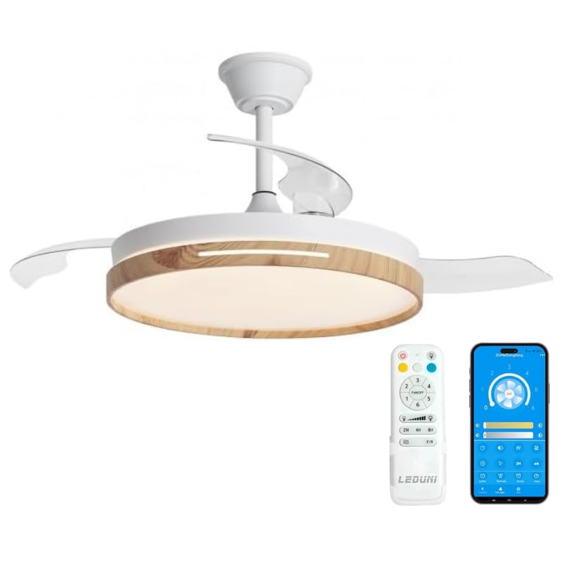 LED Ceiling Fan with Retractable Blades, Silent with Remote Control DC Motor 30W+LED Light 54W, 6 Speeds with Light Memory (Wood)