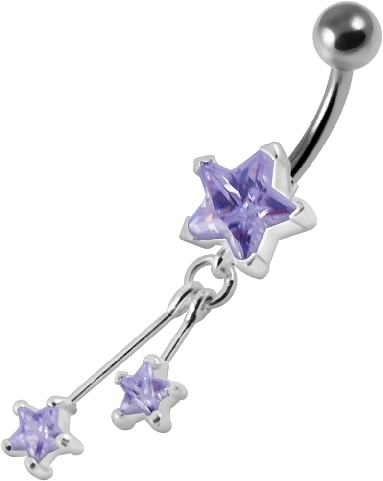 Triple Star on Dangling Wire Design 925 Sterling Silver with Stainless Steel Belly Ring - Belly Button jewelry - Navel jewelry