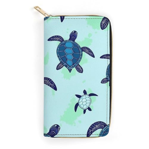 Long PU Zipper Wallet, Travel Purse Fashion Design, Huge Storage Capacity Wallet, Cute Decor Purse For Men And Women Turquoise Blue Sea Turtle