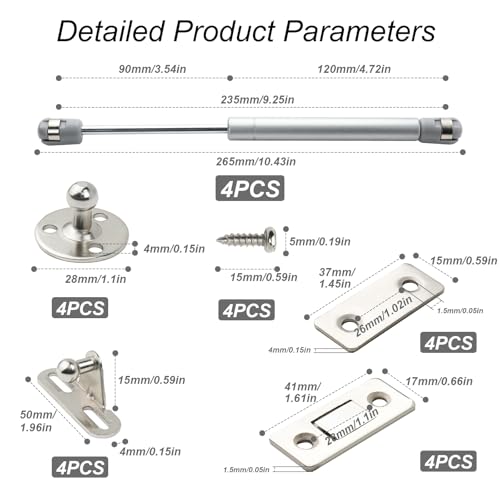 Hengxinchen 4 Stück Gasdruckfeder 200N, GasdruckdäMpfer mit 4 Stück Magnetschnäpper, Stoßdämpfer Küchenschrank Gasfeder Silber Gasdruckfedern für Möbel Schranktür Spielzeugkiste