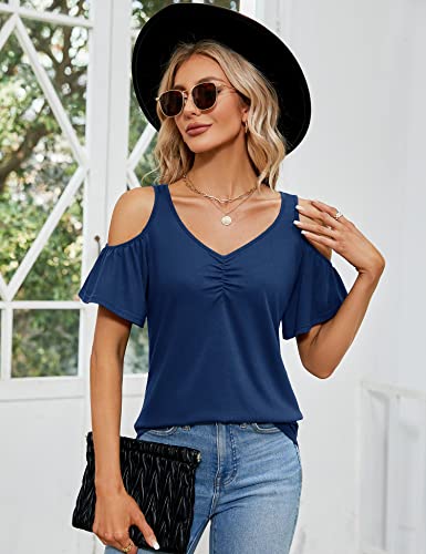 Conmite Short Sleeve Tops For Women V Neck Versatile Floral Print Blouse Summer Cold Shoulder Tunic Shirt Navy Xxl #TOP1