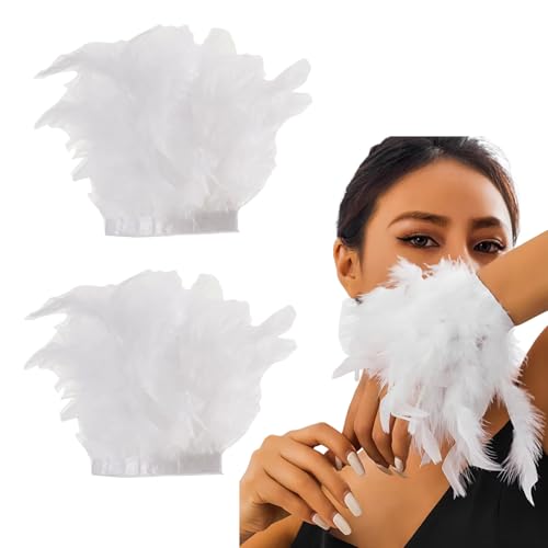 AUOCATTAIL Feather Gloves Cuffs Swan Wrist Band for Women Cosplay Costume Wedding Halloween Accessories (White One Size)