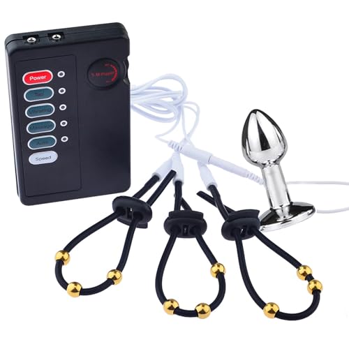 AMAZBEE Electro Shock Penis Ring Anal Plug Set with Power Box Adjustable Cock Straps for Electrical Stimulation BDSM Sex Toys for Men (S)