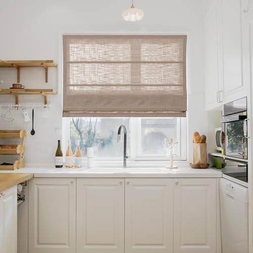 Image of TWOPAGES Liz No Drill Cordless Roman Shades Linen Textured Roman Blinds for Windows, Custom Made Room Darkening Blackout Roman Window Shades, Hardware Included, Tapioca, 1 Piece
