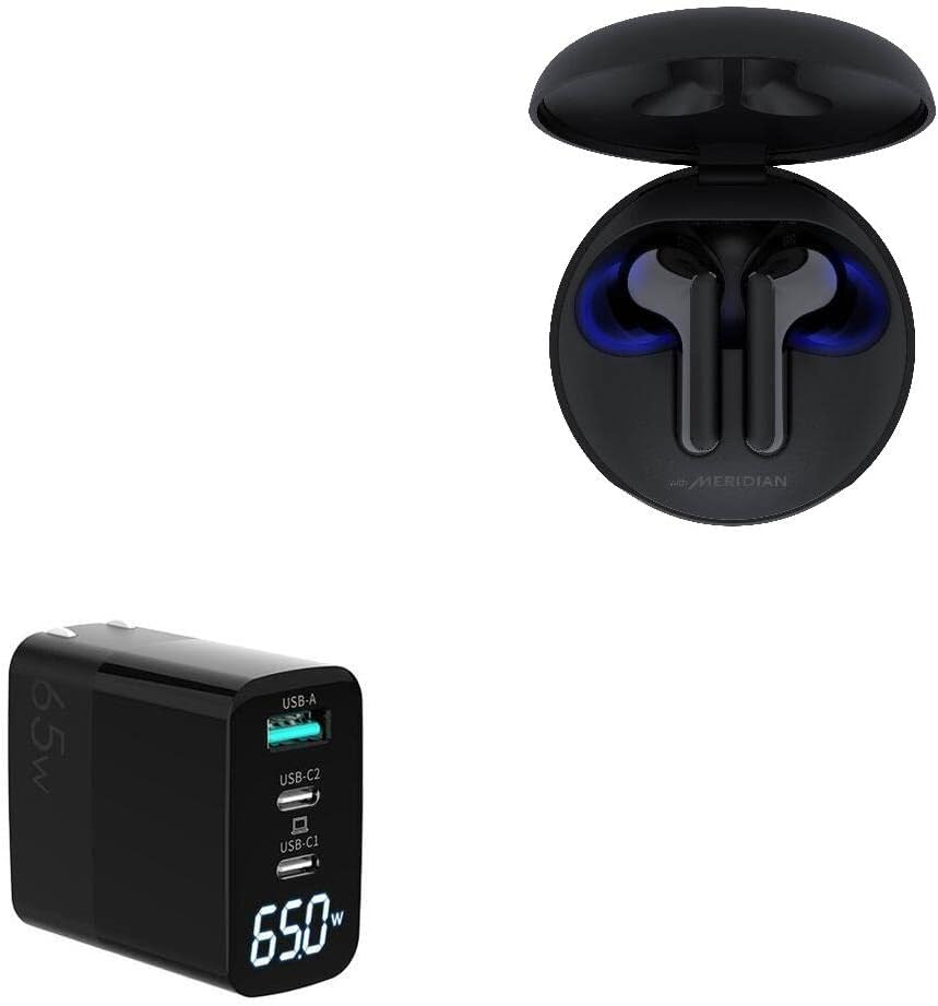 BoxWave Charger Compatible with LG Tone Free UVnano FN6 (HBS-FN6) - PowerDisplay PD Wall Charger (65W), GaN 65W Powerful Folding Plug LCD Display - Jet Black