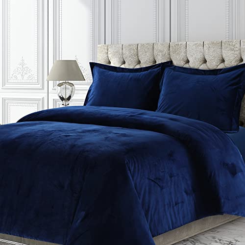 Tribeca Living Velvet Duvet Cover King Oversized 3 Piece Set with 2 Shams, 260-GSM Luxury Plush Velvet Duvet Cover with Microfiber Reverse in Venice Navy Blue Color by Tribeca Living - Used condition - US$24.50