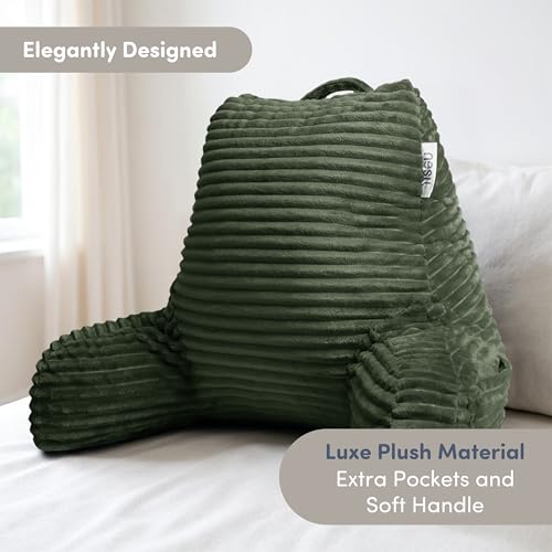 Image of Nestl Reading Pillow with Shredded Memory Foam, Luxe Cut Plush Back Pillow for Sitting Up in Bed, Back and Arms Adjustable Support for Adult & Teens, Backrest Pillows with Washable Cover Olive Green