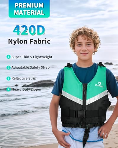 Owntop Swim Jacket Youth 50-90 lbs, Ultra Thin Swim Vest Kids, Comfortable Crotch Strap Buckles Zipperr, Kayak, Boating, Swimming Training, Watersports (Green, XS/S) - Thumbnail 3