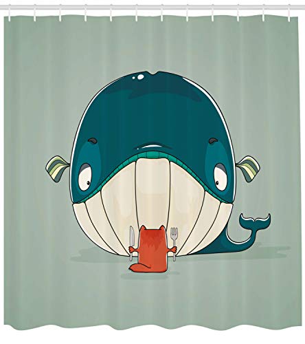 ABAKUHAUS Whale Shower Curtain, Greedy Little Cat Sitting down to Dine on a Huge Fish Dinner of Whale Cartoon - Image 2