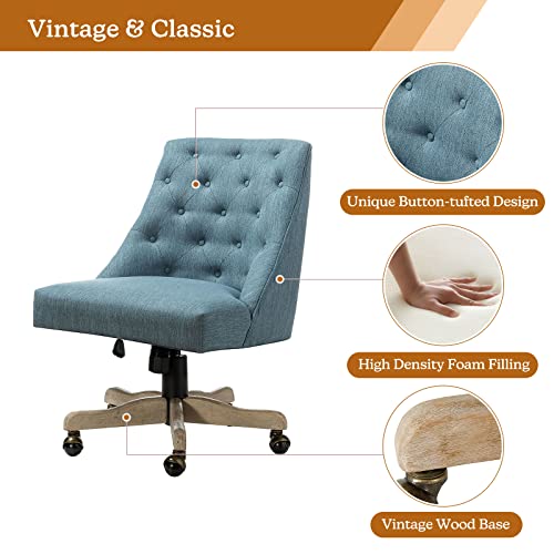 Modern Tufted Armless Home Office Chair, Comfy Upholstered Desk Chair With Mid-Back, Height Adjustable Swivel Computer Task Chair (Vintage Wood Base, Blue) #TOP5