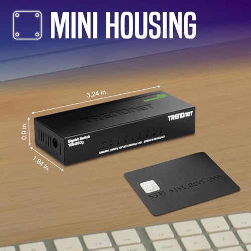 Image of TRENDnet 8-Port Mini Gigabit Switch, TEG-S80g, Ethernet Splitter, NDAA + TAA Compliant, Desktop Metal Ethernet Network Switch, 8 x Gigabit Ports, Fanless, Lifetime Protection, Black