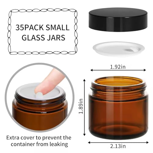KEYWING 2oz Small Glass Jars, 35 Pack Amber Glass Cosmetic Jars with Black Lids, Round Sample Container with Inner Liners for Cream, Lotions, Powders and Ointments by KEYWING - Image 2