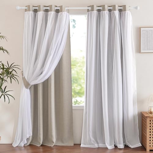 NICETOWN Dual Layers Grommet Top Mix and Match Faux Linen Curtains with White Sheer Voile for Living Room Bedroom, Kids Curtains for Nursery, 52x84 Inch Long, Set of 2 Panels, Angora