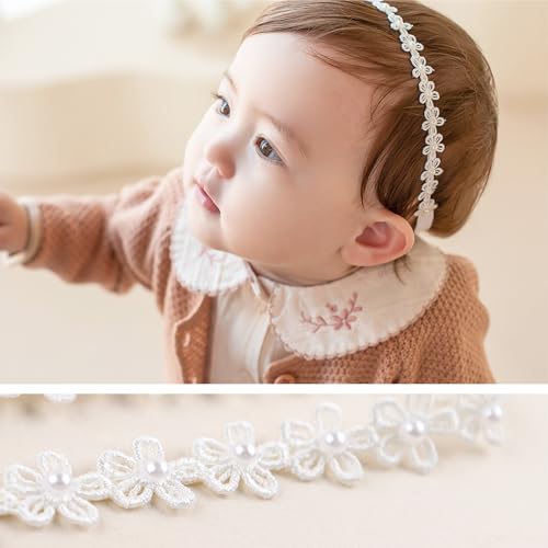 Baby Mädchen Stirnbänder Weiß Dehnbare Stirnband DoppelspitzeSpitzebowknot-Haarband Weich Baby Hairband Nylon Neugeboren Haarschmuck Babygeschenke für Neugeborene(Kleine Gänseblümchen)