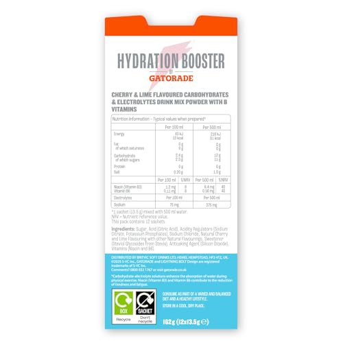Hydration Booster by Gatorade Carbohydrate-Electrolyte Sachets - Hydration Powder Drink Mix with Carbohydrates, Electrolytes and B Vitamins (Cherry Lime, 12 Servings)