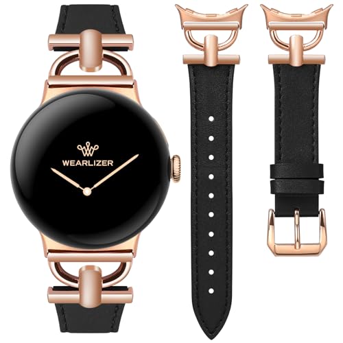 Image of Wearlizer Leather Bands Compatible with Google Pixel Watch 4 /3 41mm /Pixel Watch 2 /1 Band Women, Dressy Designer Slim Leather Strap with D-Shape Metal Buckle for Pixel Smartwatch Accessories