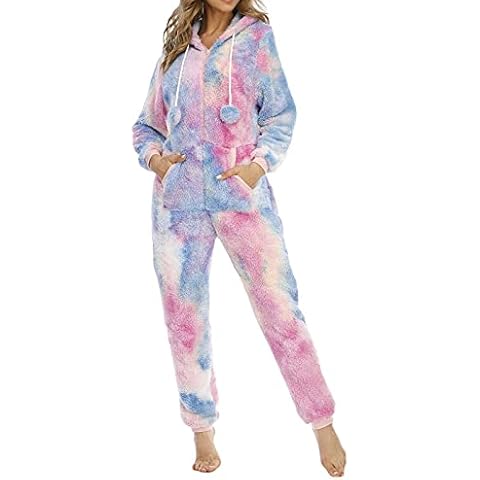 Womens Fleece Onesie Cozy One-Piece Pyjamas With Front Pocket Autumn Winter Warm Hooded Jumpsuit Sleepsuit Loungewear Nightwear for Adult Ladies M Cover