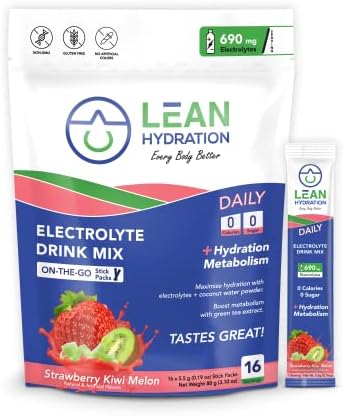 LEAN Hydration Daily Electrolyte Hydration Packets Drink Mix | Hydrate – Metabolize – Energize | Zero Calories, Zero Sugar plus Vitamins, Minerals & Green Tea Extract | 16 ct (Strawberry Kiwi Melon)