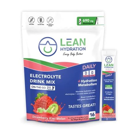 LEAN Hydration Daily Electrolyte Packets Drink Mix | Zero Calories, Zero Sugar Plus Vitamins, Minerals & More | 16 ct (Strawberry Kiwi Melon) Cover