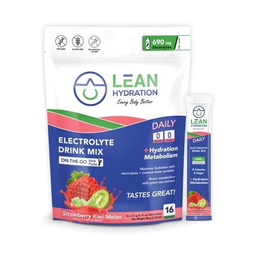 Lean Hydration Daily Electrolyte Hydration Packets Drink Mix | Hydrate – Metabolize – Energize | Zero Calories, Zero Sugar Plus Vitamins, Minerals & Green Tea Extract | 16 Ct (Strawberry Kiwi Melon) #TOP2