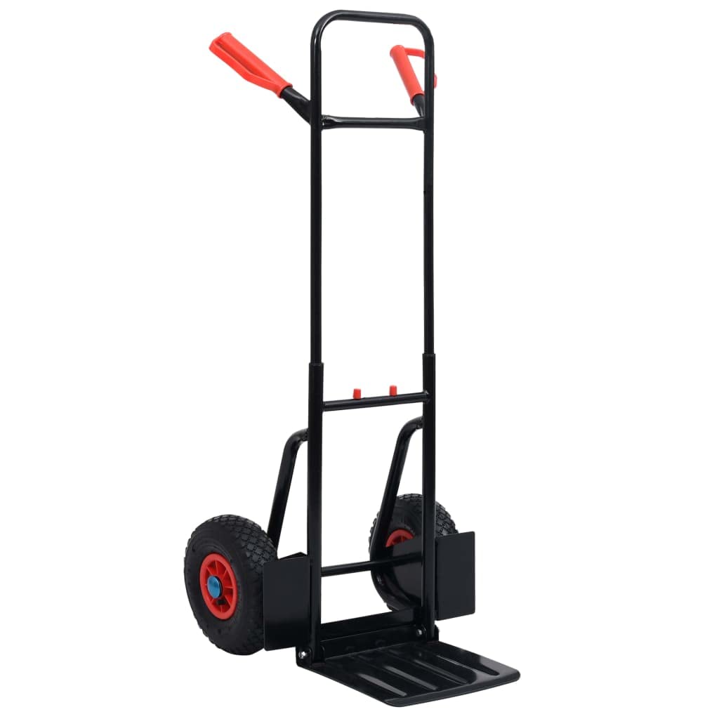 Carretilla telescópica plegable de acero, 200 kg, color negro y rojo, carro de transporte con neumáticos de aire de 25 cm, carretilla de mano para mudanzas, almacenes, taller, garaje, obras