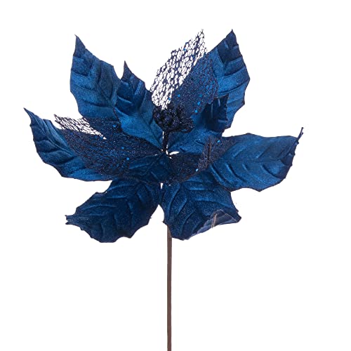 Vickerman 11" Midnight Blue Velvet and Glitter Mesh Poinsettia Flower on Stem, 6 per Bag.