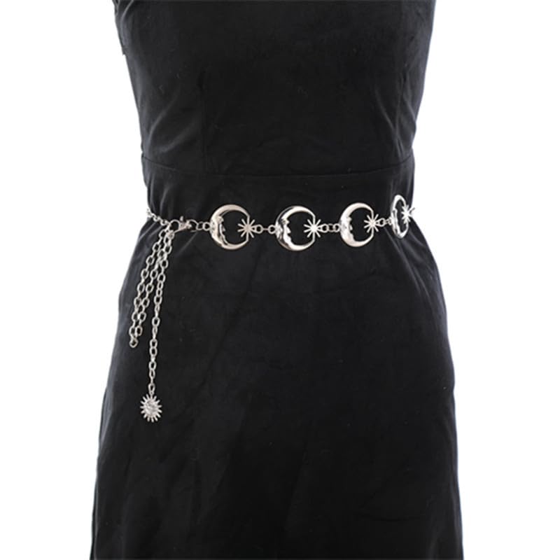 Gothic Punk Waist Chain Belt for Women – Adjustable, Lightweight, Foldable with Metal Buckle – Stylish Moon & Star Design for Jeans, Skirts, Pants – Ideal Ideal Halloween Accessory Gift(Silver)