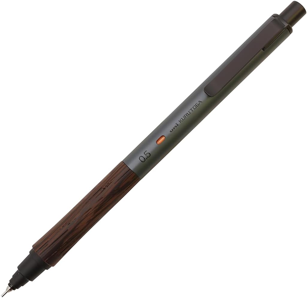 Uni Kuru Toga Wood, 0.5mm Mechanical Pencil, Auto Lead Rotation, Wooden Grip and Metal Body, Steel Grey (M5KW1P.23)