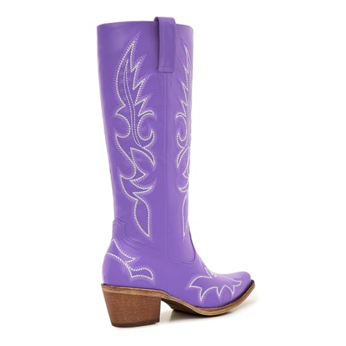 Image of Uillnoodu Women's Turquoise Cowgirl Boots - Wide Calf Mid Calf Western Boots Plus Size Embroidered Cowboy Style with Block Heel